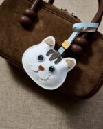 Handmade Leather Gray-Striped Cat Head Charm (White with Brown Tuft Version) - Image 2