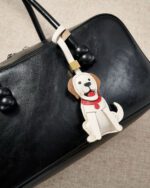 Handmade Leather Smiling Saint Bernard Dog Charm (Beige with Brown Ears & Red Collar Version) - Image 2