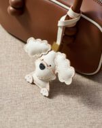 Handmade Leather Big-Ear White Dog Charm (White with Pink Accent) - Image 2