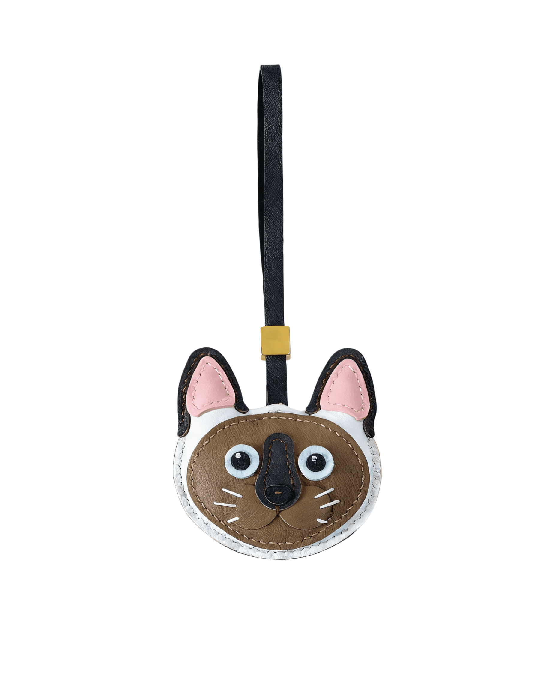 118_副本 Handmade Leather Siamese Cat Head Charm (Brown & White with Gold Accent) - Image 1