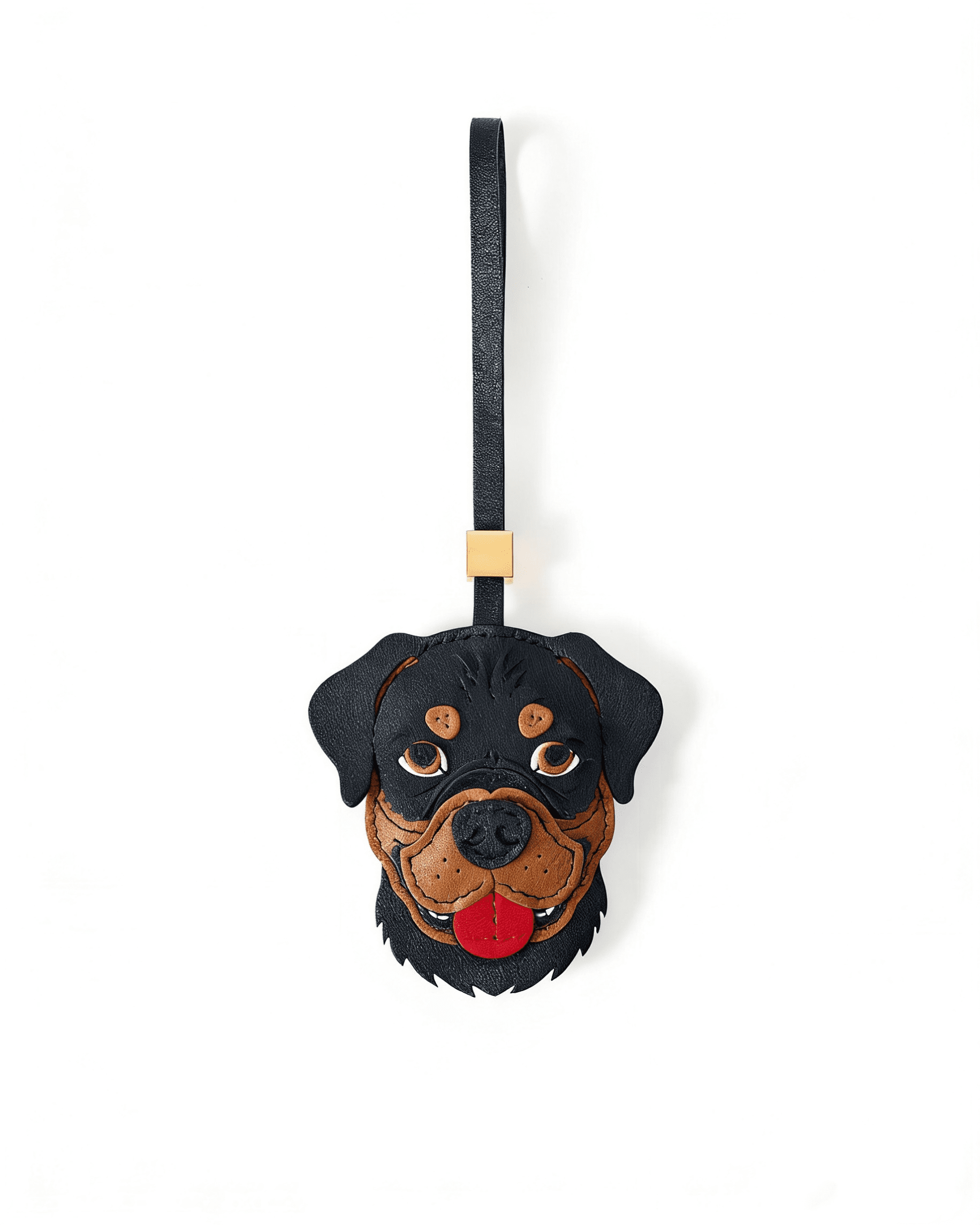 125 Handmade Leather Rottweiler Head Charm (Black & Tan with Red Tongue) - Image 1