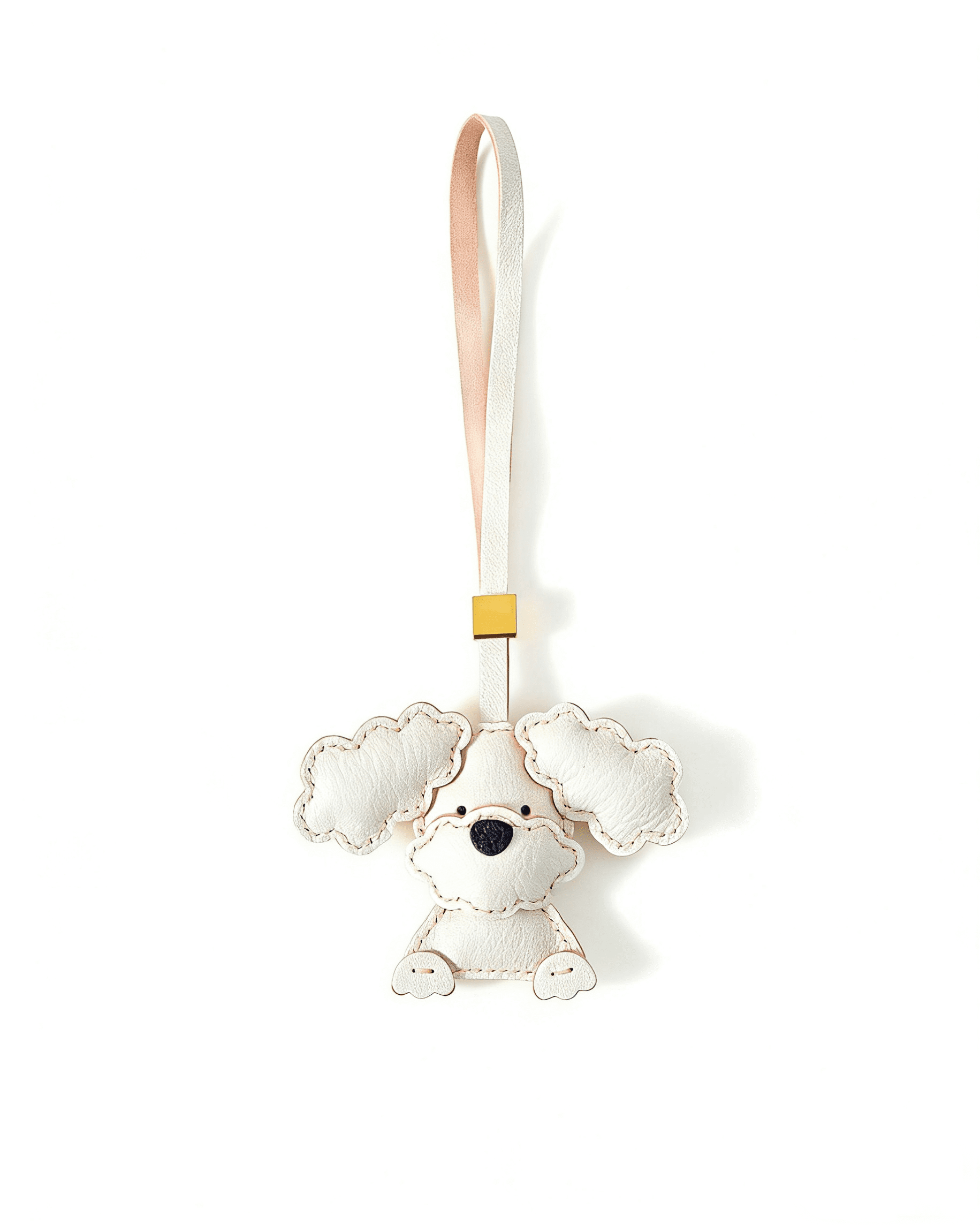 134 Handmade Leather Big-Ear White Dog Charm (White with Pink Accent) - Image 1