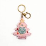 Handmade Leather Pink Christmas Tree Cat Charm (Festive Feline Joy)