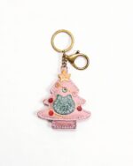 Handmade Leather Pink Christmas Tree Cat Charm (Festive Feline Joy)