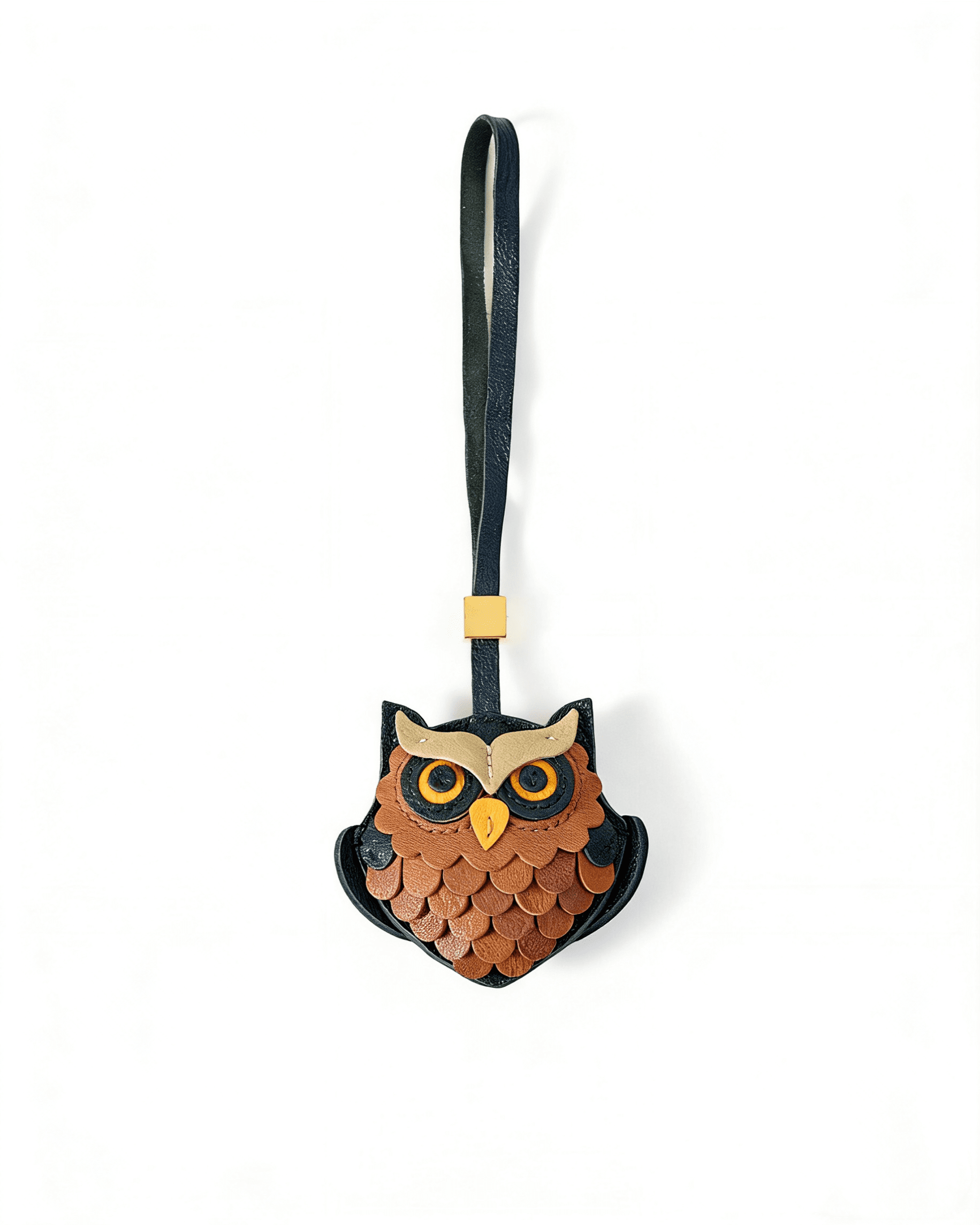 142 Handmade Leather Owl Charm (Black & Brown Scaled Feather Version) - Image 1