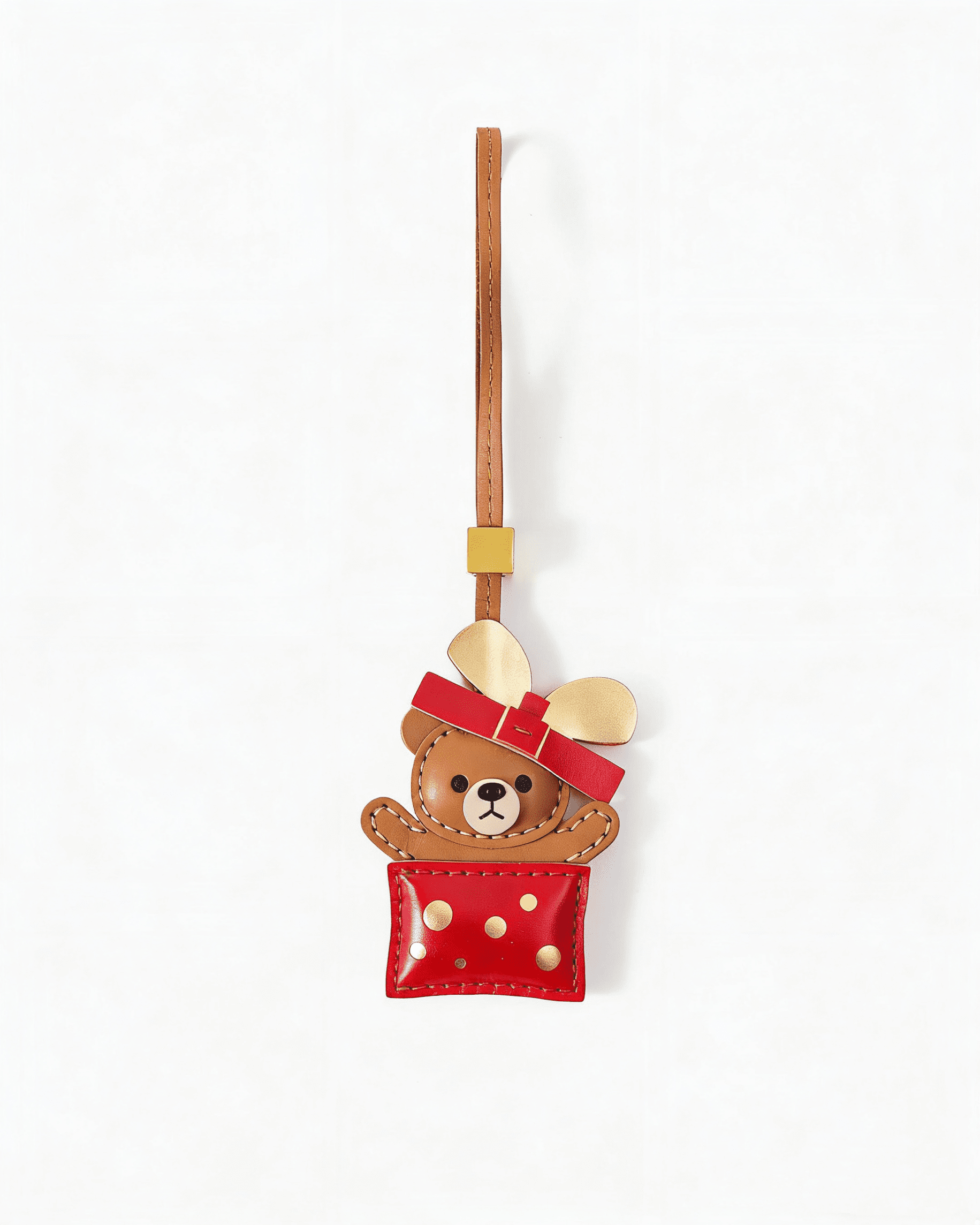 146 Handmade Leather Gift Box Bear Charm (Red Polka Dot Version) - Image 1