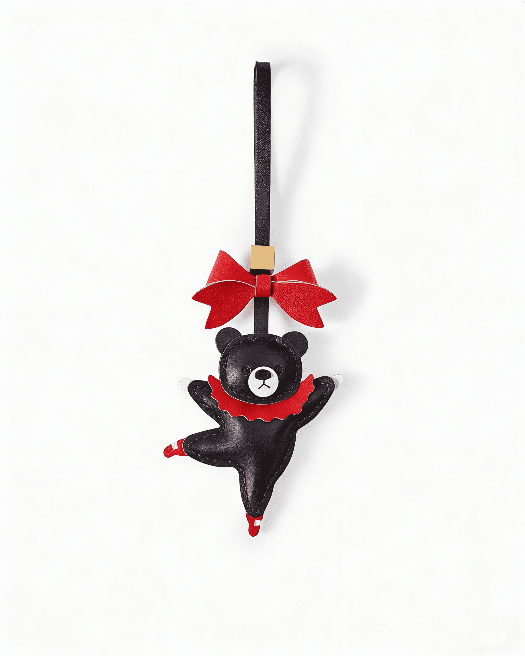 151 Handmade Leather Ballet Black Bear Charm (Red Ruffle Version) - Image 1