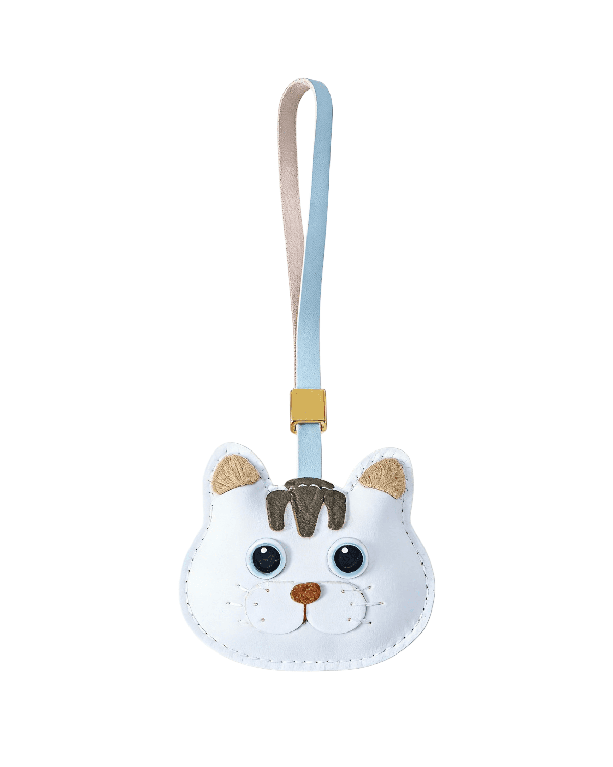 155_副本 Handmade Leather Gray-Striped Cat Head Charm (White with Brown Tuft Version) - Image 1