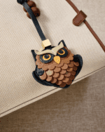 Handmade Leather Owl Charm (Black & Brown Scaled Feather Version) - Image 2