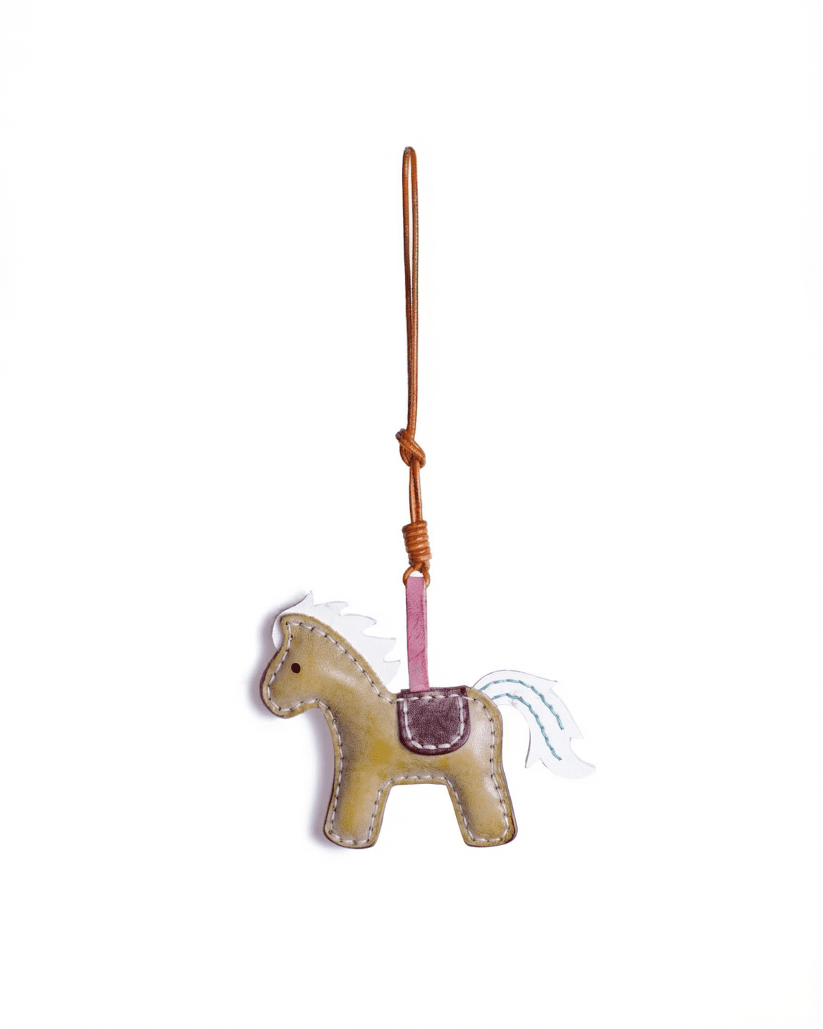 41 Handmade Leather Pasture Pony Charm (White Mane & Saddle Pony) - Image 1