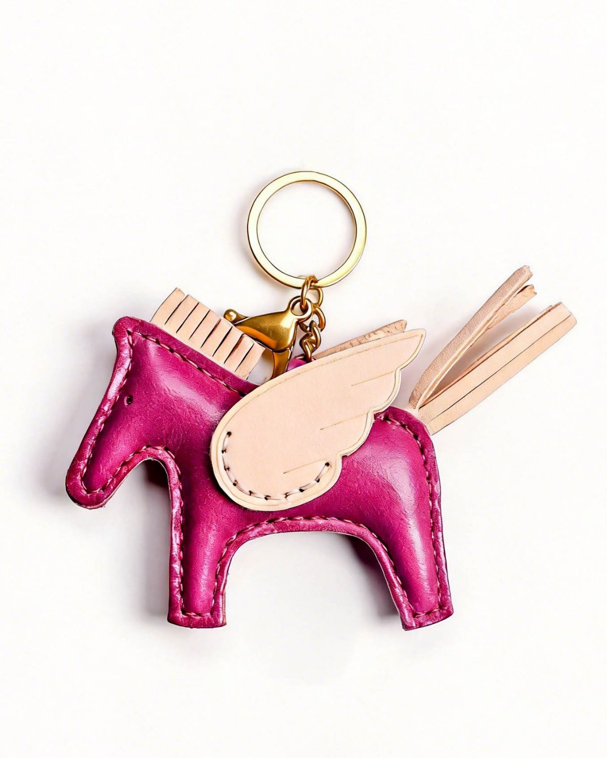 59 Handmade Leather Magenta Pegasus Charm (Winged Pony with Tassel Tail) - Image 1