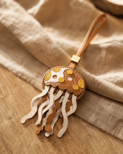 Macro photo of handmade jellyfish leather bag charm with brown and cream tentacles, yellow details, leather loop, and gold slider