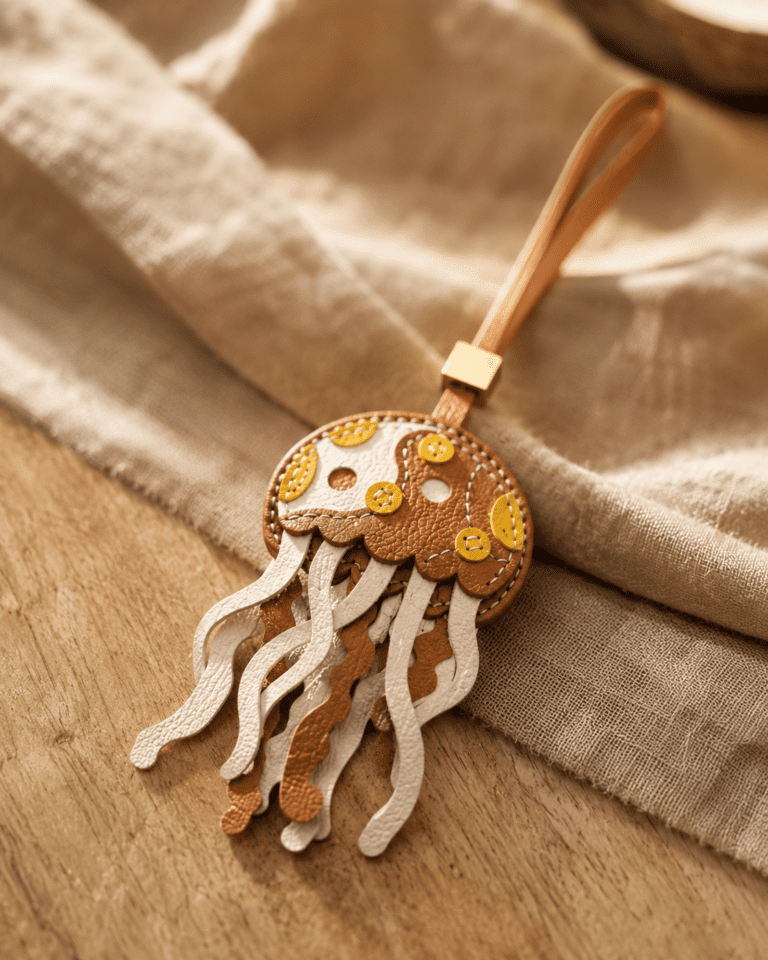 Macro photo of handmade jellyfish leather bag charm with brown and cream tentacles, yellow details, leather loop, and gold slider