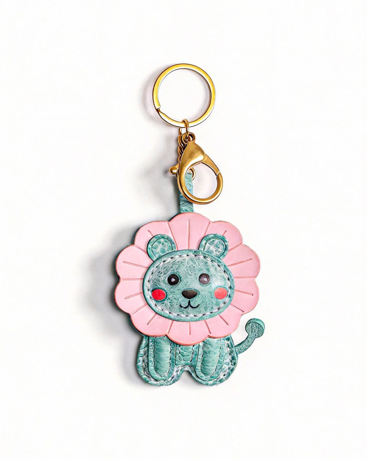 72 Handmade Leather Mint Lion Charm (Pink Flower-Mane Lion) - Image 1