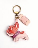 Handmade Leather Blush French Bulldog Charm (Pink-Ear Puppy with Bone Accent)