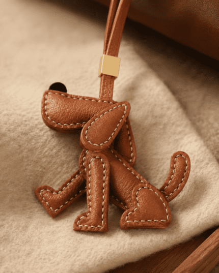 Close-up of handmade brown leather dog bag charm on beige handbag