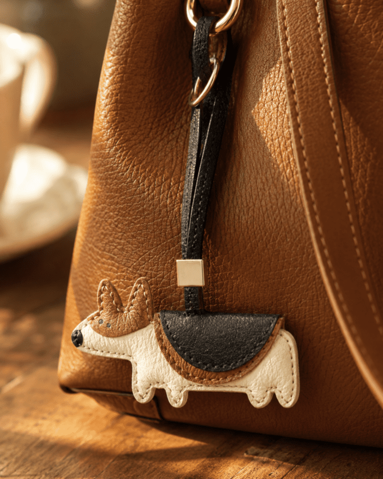 Close-up of handmade leather corgi dog charm on brown handbag with gold hardware
