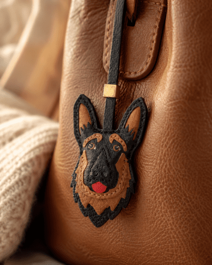 Close-up of handmade German shepherd leather bag charm with black strap and gold accent on brown handbag