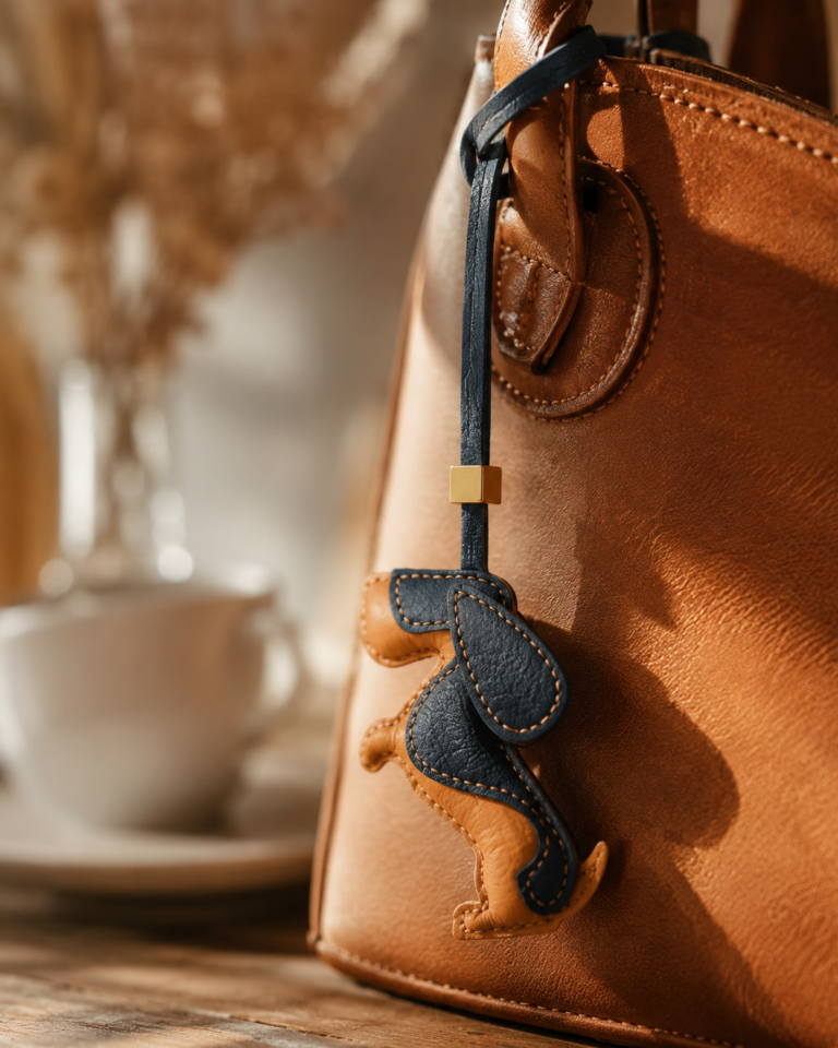 Close-up of handmade tan and navy dog leather bag charm with stitched edges, leather texture, strap, and gold accent
