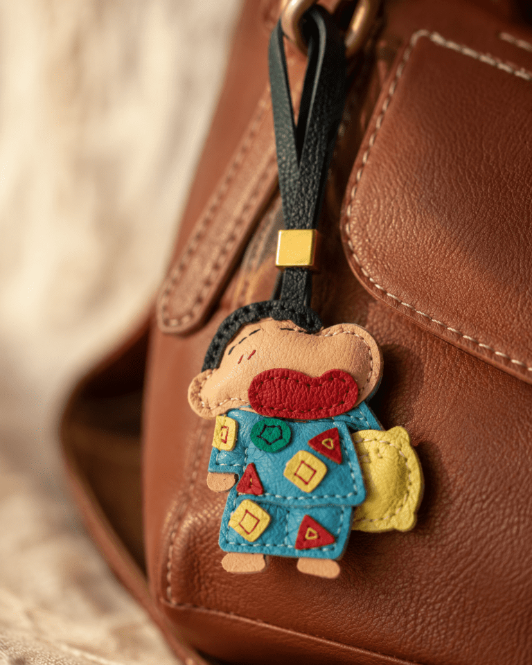 Close-up of handmade colorful cartoon character leather bag charm with blue outfit, red lip detail, black strap, and gold accent