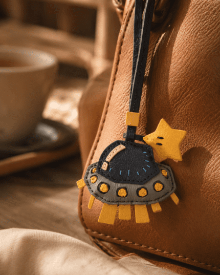 Close-up of handmade UFO and yellow star leather bag charm with black strap, gold slider, and stitched details