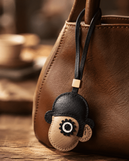 Close-up of handmade monkey leather bag charm with black hair, beige face, single eye detail, black strap, and gold slider