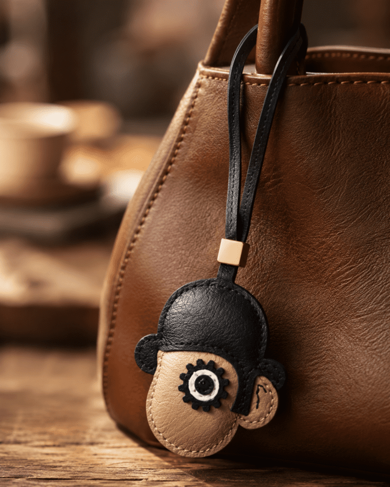 Close-up of handmade monkey leather bag charm with black hair, beige face, single eye detail, black strap, and gold slider