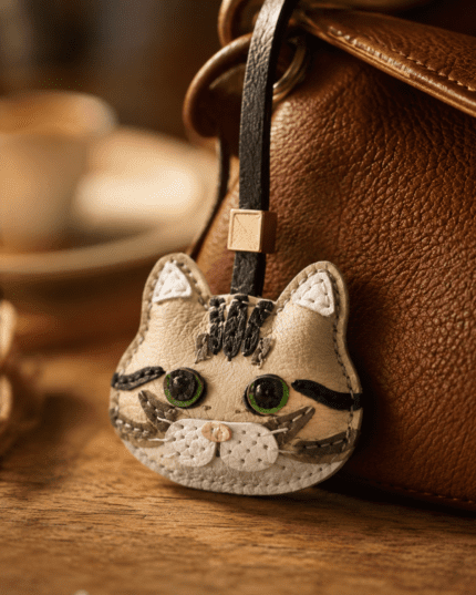 Close-up of handmade gray and white cat leather bag charm with green eyes, pink nose, stitched whiskers, black strap, and gold slider