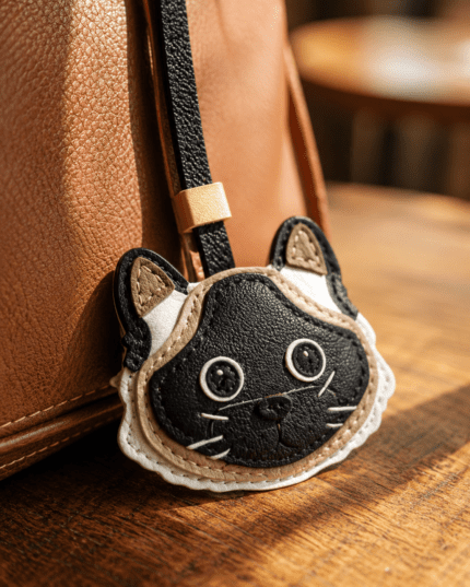 Close-up of handmade black and cream cat leather bag charm with stitched whiskers, layered ears, black strap, and gold slider