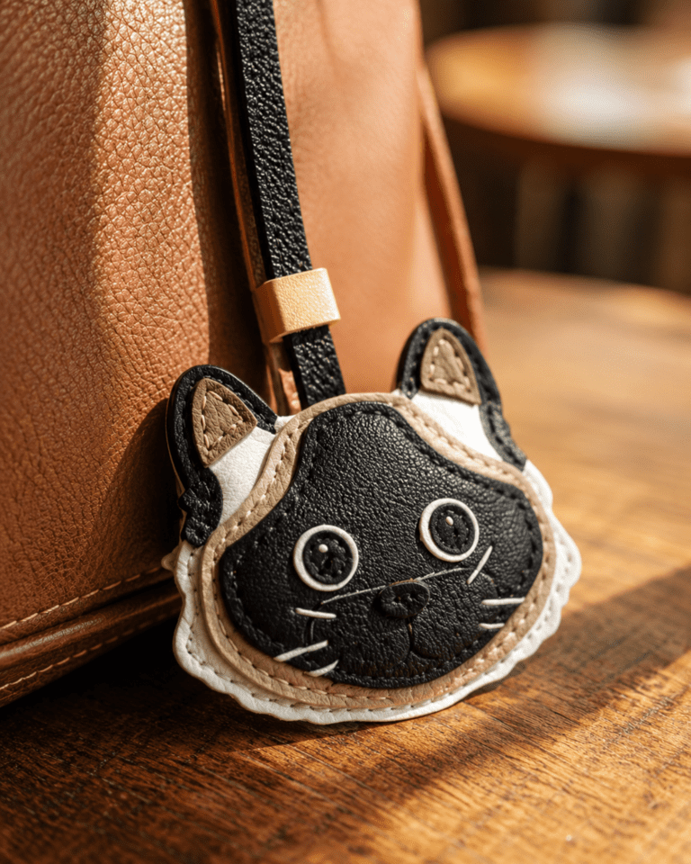 Close-up of handmade black and cream cat leather bag charm with stitched whiskers, layered ears, black strap, and gold slider