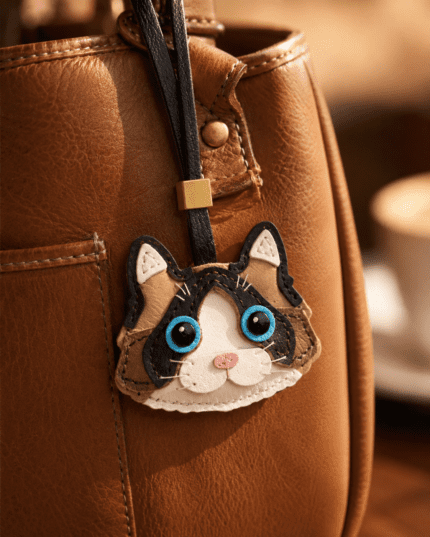 Close-up of handmade calico cat leather bag charm with blue eyes, pink nose, stitched whiskers, black strap, and gold slider