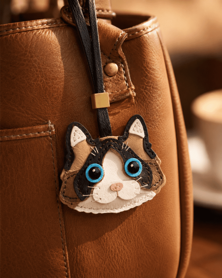 Close-up of handmade calico cat leather bag charm with blue eyes, pink nose, stitched whiskers, black strap, and gold slider