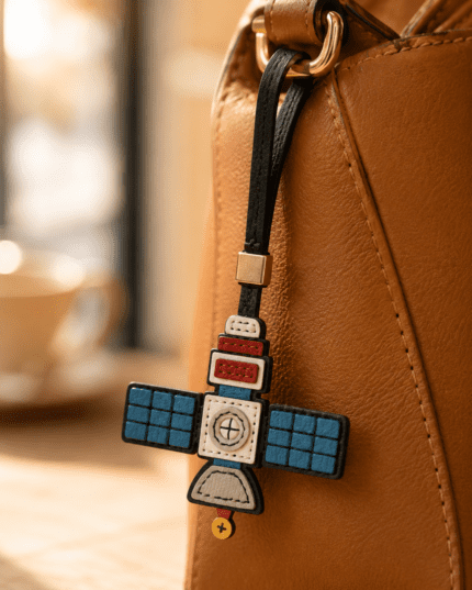 Close-up of handmade satellite leather bag charm with blue solar panels, cream stitched body, red details, black strap, and gold slider