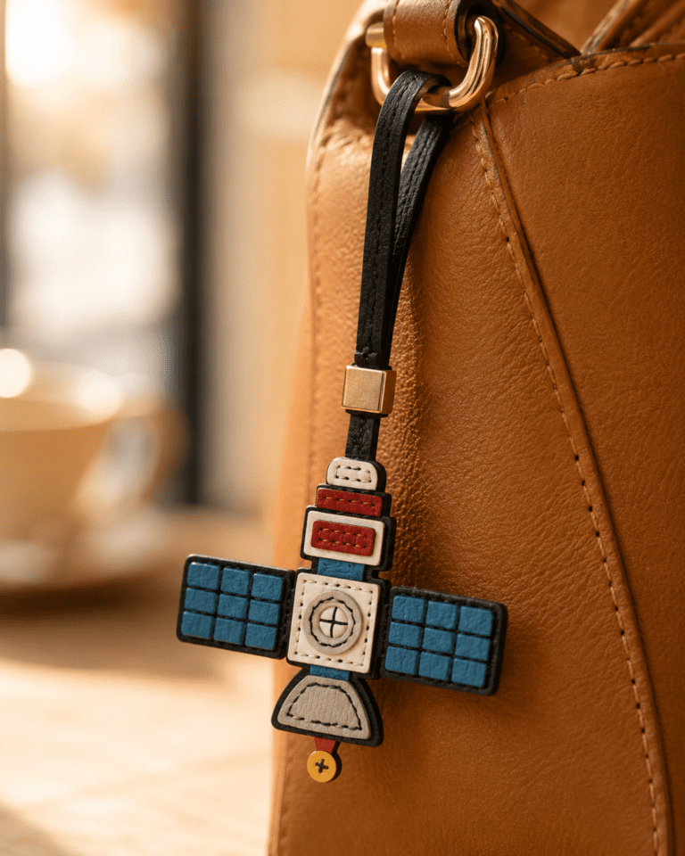 Close-up of handmade satellite leather bag charm with blue solar panels, cream stitched body, red details, black strap, and gold slider
