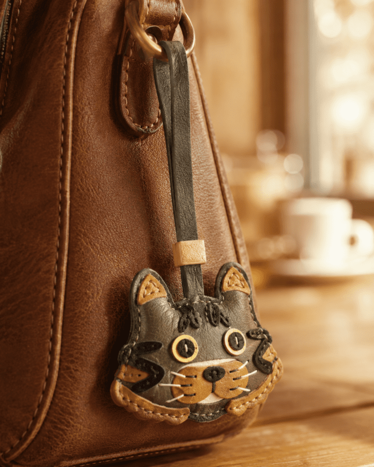 Close-up of handmade gray tabby cat leather bag charm with yellow eyes, tan muzzle, black whiskers, dark strap, and cream slider