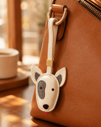 Close-up of handmade white dog leather bag charm with gray eye patch, black nose, red tongue, white strap, and gold slider