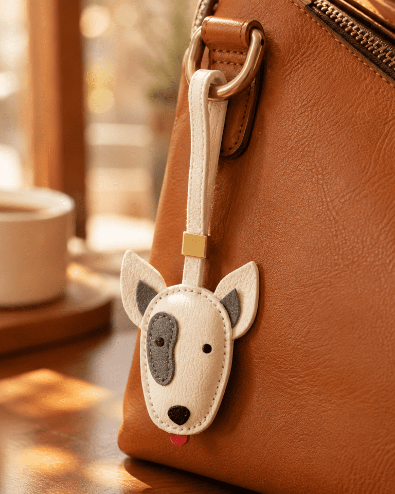 Close-up of handmade white dog leather bag charm with gray eye patch, black nose, red tongue, white strap, and gold slider
