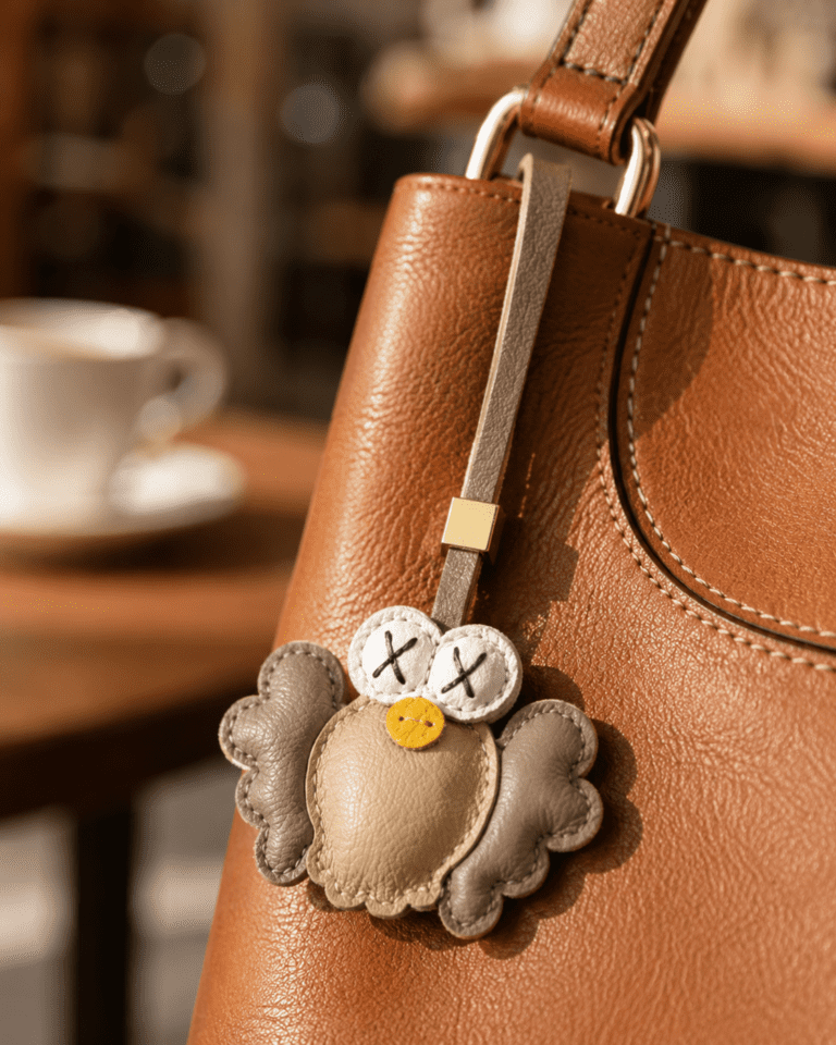 Close-up of handmade owl leather bag charm with white X eyes, yellow beak, beige body, gray wings, taupe strap, and gold slider