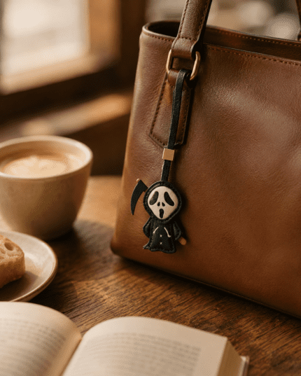 Handmade black ghost reaper leather bag charm hanging on a brown leather handbag in a warm cafe scene