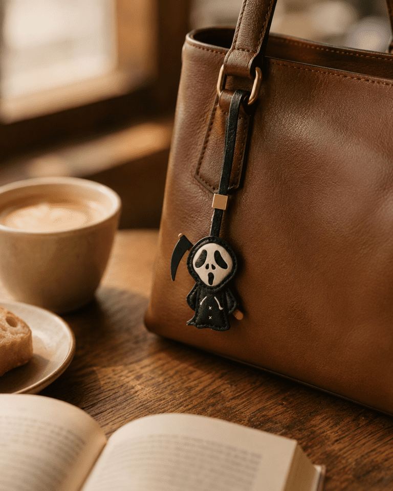 Handmade black ghost reaper leather bag charm hanging on a brown leather handbag in a warm cafe scene