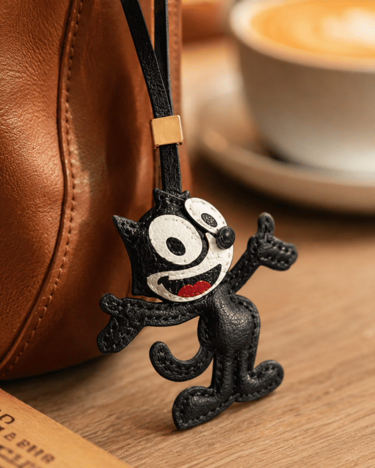 Close-up of handmade black cartoon cat leather bag charm with white face, big eyes, red smile, black strap, and gold slider
