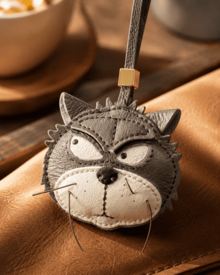 Close-up of handmade grumpy gray cat leather bag charm with narrowed eyes, cream muzzle, black nose, whiskers, dark strap, and gold slider