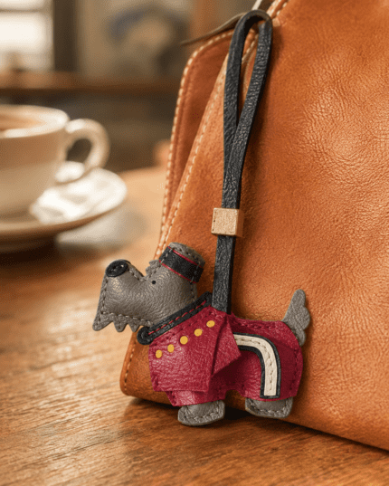 Close-up of handmade gray dog leather bag charm with red coat, black hat, black strap, and gold slider