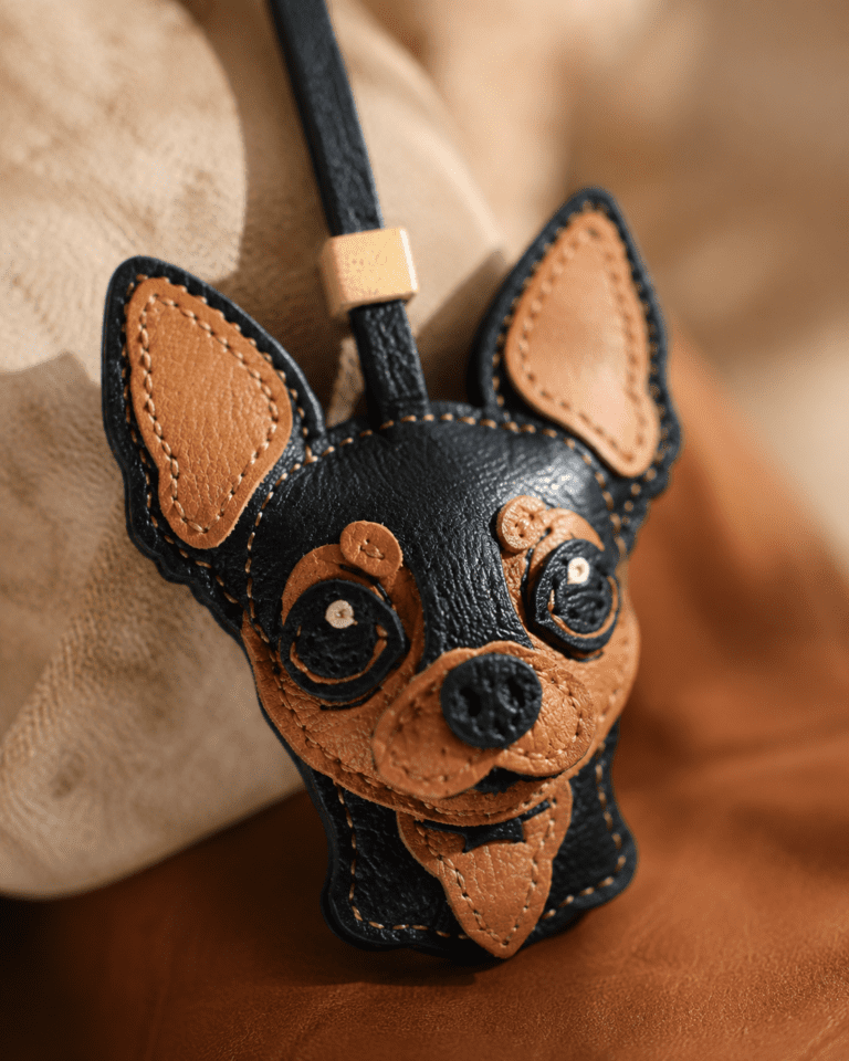 Macro photo of handmade Chihuahua leather bag charm with black and tan face, upright ears, and stitched details