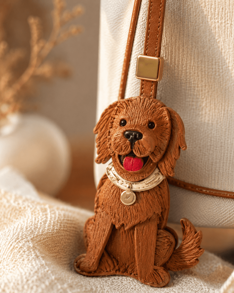Macro photo of handmade golden dog leather bag charm with red tongue, collar, and detailed leather fur