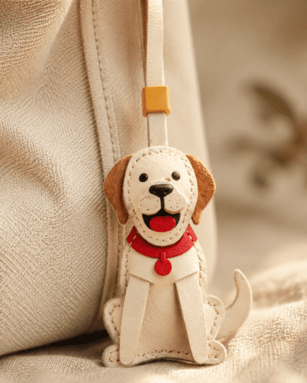 Macro photo of handmade cream dog leather bag charm with red collar, brown ears, and stitched details