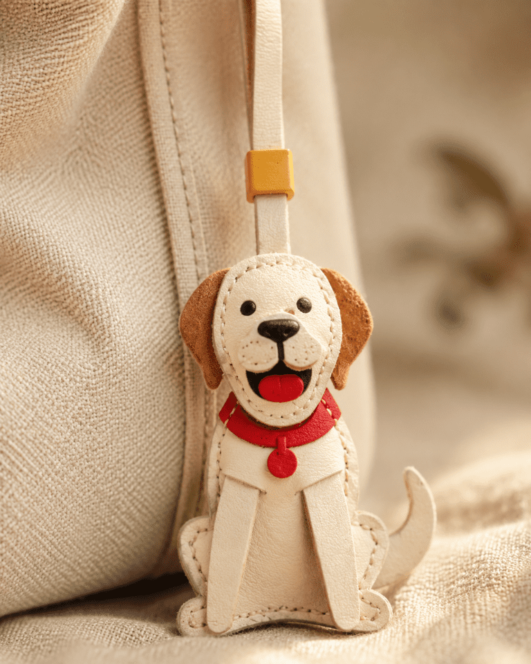 Macro photo of handmade cream dog leather bag charm with red collar, brown ears, and stitched details