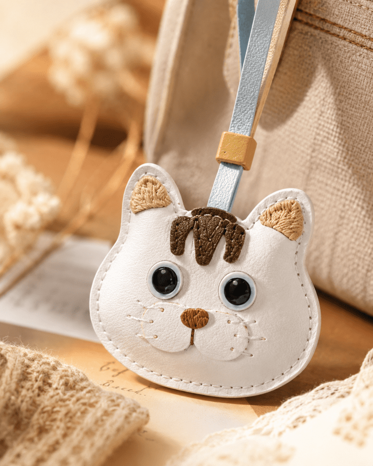 Macro photo of handmade white cat leather bag charm with glossy eyes, brown stripes, blue strap, and stitched whiskers