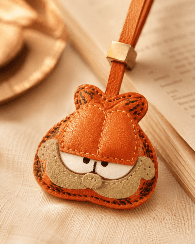 Macro photo of handmade orange cat leather bag charm with sleepy eyes, beige muzzle, orange strap, gold slider, and stitching