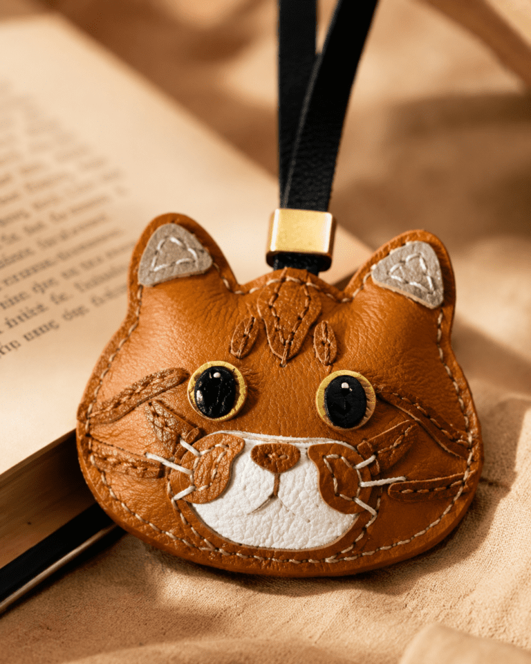 Macro photo of handmade orange tabby cat leather bag charm with glossy eyes, white muzzle, black strap, gold slider, and stitching